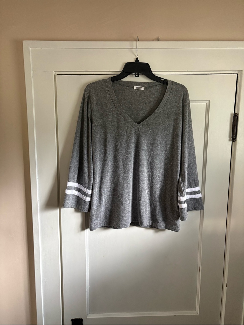 LAmade Gray V-Neck top with White Sleeve Stripes